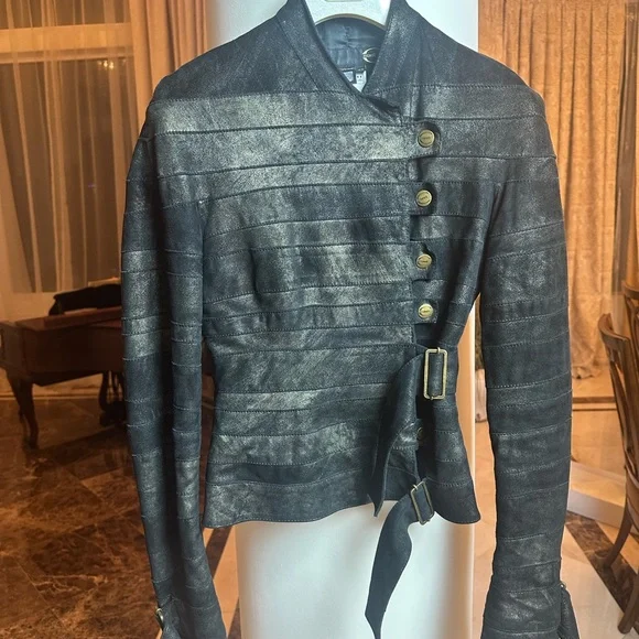 Luxury Distressed Leather Jacket Asymmetrical Buckle Buttons Designer Style - Picture 2 of 14